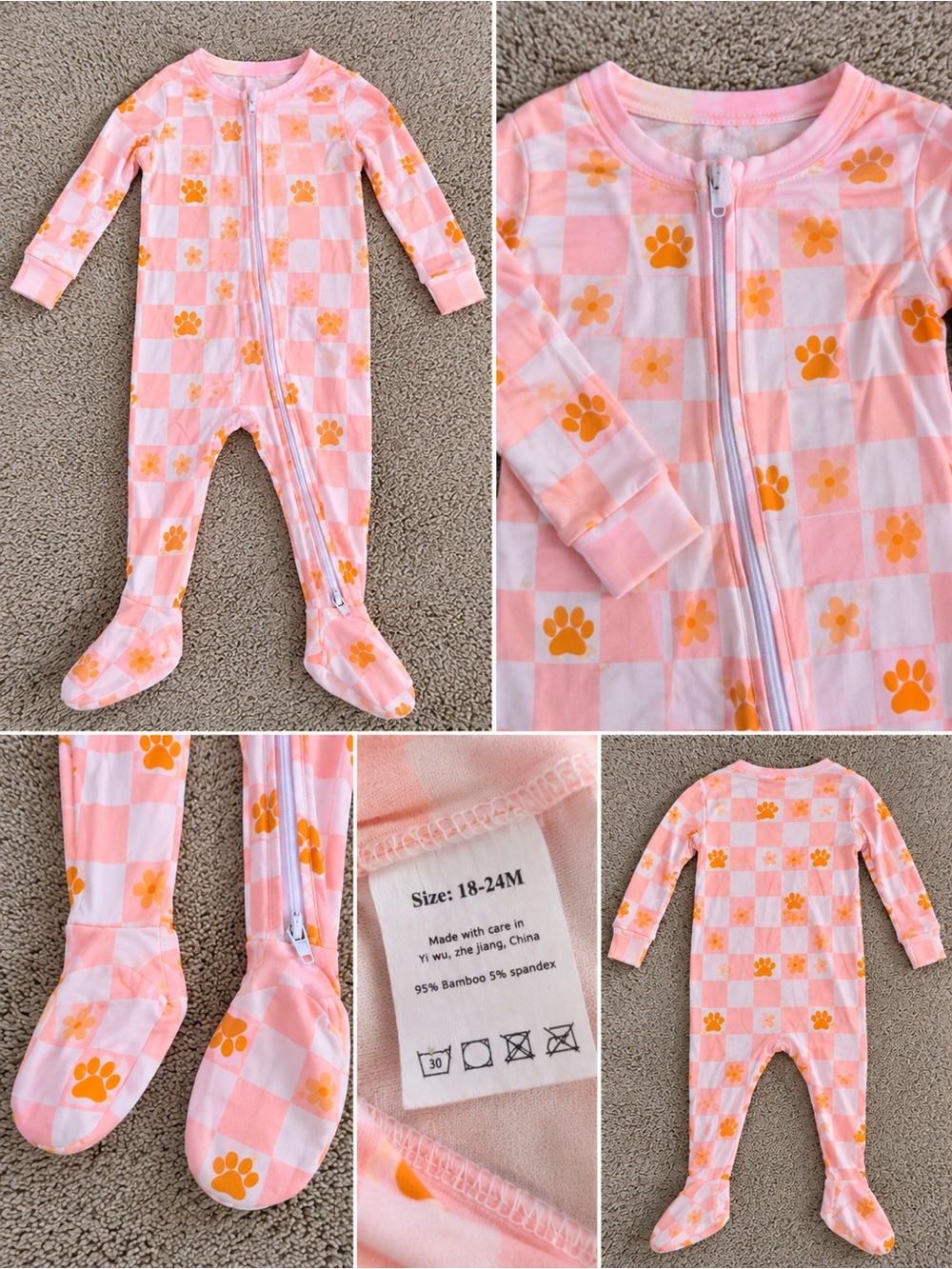 Pink Checkerboard Paw Print Bamboo Zippy 18–24M